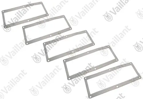 Fünf Vaillant-Dichtungen, rechteckig mit Öffnungen zur Befestigung. Sie sind aus einem metallischen Material gefertigt und in einer flachen Anordnung dargestellt.